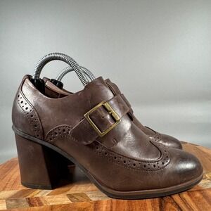 Korks Brown Leather Monk Strap Brogue Heeled Loafers Q40606 Size 6M Block Heel